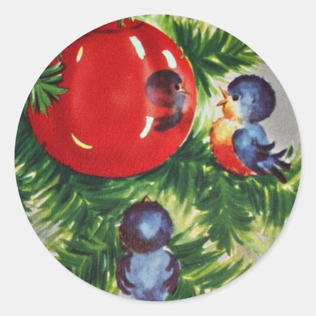 Bluebirds in a Christmas Tree Classic Round Sticker (Front)