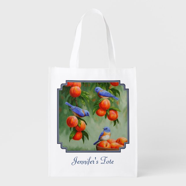Bluebirds in a Peach Tree Orchard Grocery Bag (Front)