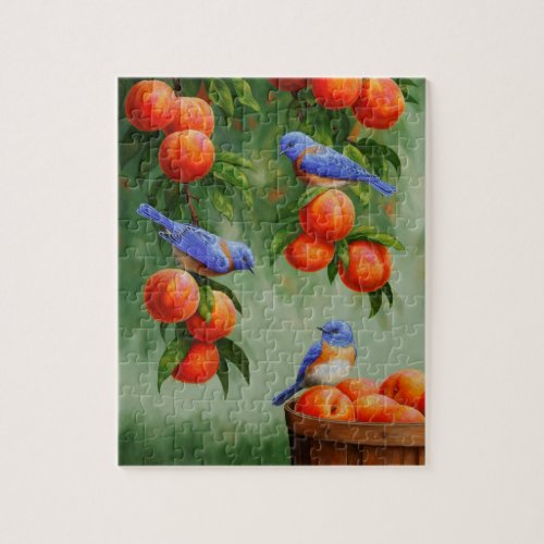 Bluebirds in a Peach Tree Orchard Jigsaw Puzzle