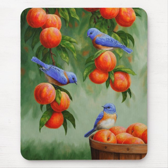 Bluebirds in a Peach Tree Orchard Mouse Pad (Front)