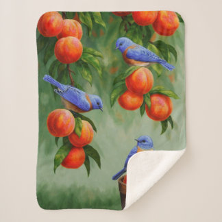 Bluebirds in a Peach Tree Orchard Sherpa Blanket