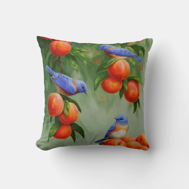 Bluebirds in a Peach Tree Orchard Throw Pillow (Front)