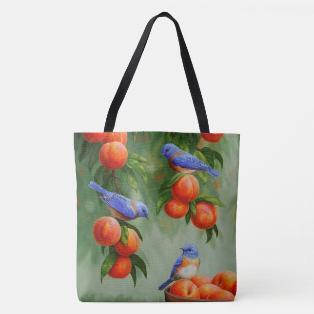 Bluebirds in a Peach Tree Orchard Tote Bag (Front)