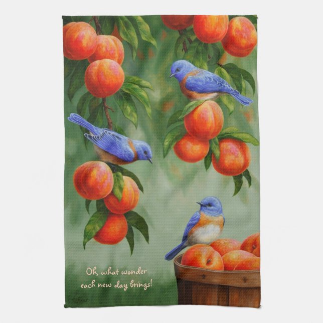 Bluebirds in a Peach Tree Orchard Towel (Vertical)