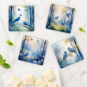 Bluebirds in an Enchanting Forest Wild Bird Coaster Set