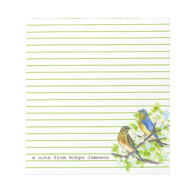 Bluebirds in Hawthorn Tree Green Lined Notepad (Front)