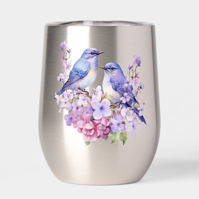 Bluebirds In Lilac Flowers Thermal Wine Tumbler (Back)