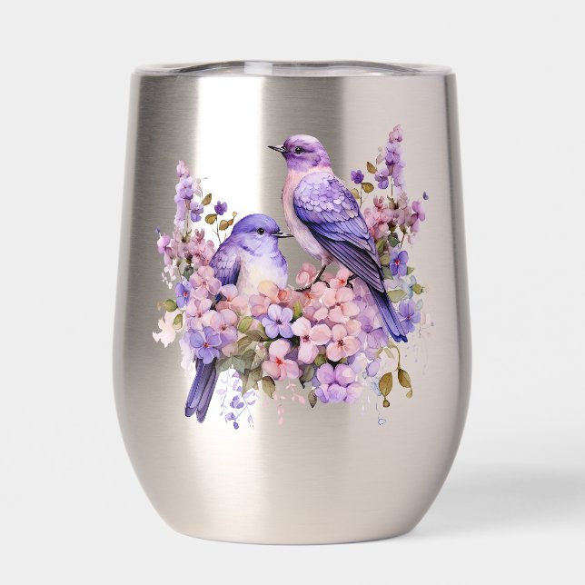 Bluebirds In Lilac Flowers Thermal Wine Tumbler (Back)