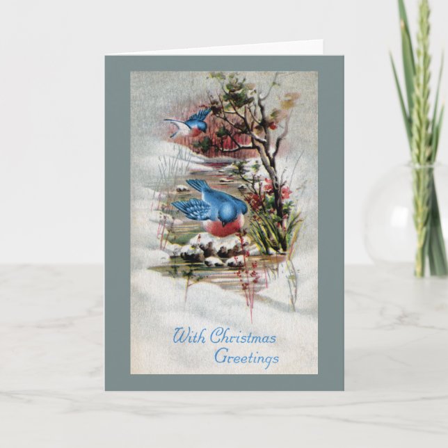 Bluebirds in Winter Vintage Christmas Holiday Card (Front)