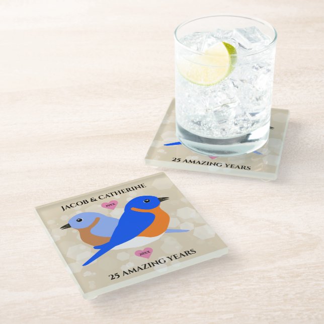 Bluebirds Lovebirds Any Anniversary Year Glass Coaster (Angled)
