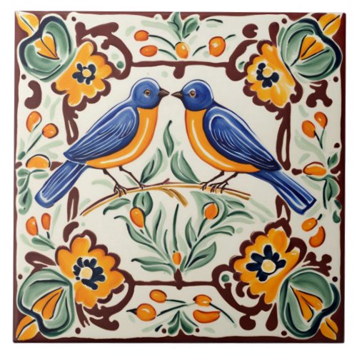 Bluebirds Mediterranean Blue Birds Folk Floral Ceramic Tile