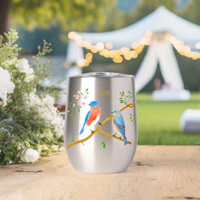 Bluebirds Monogrammed  Thermal Wine Tumbler (Wedding (Rotated))