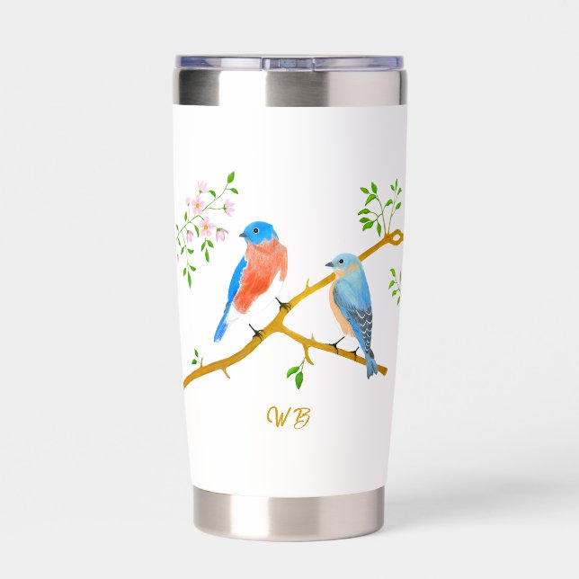 Bluebirds Monogrammed White Insulated Tumbler (Back)