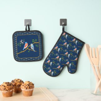 Bluebirds Oven Mitt & Pot Holder Set Blue