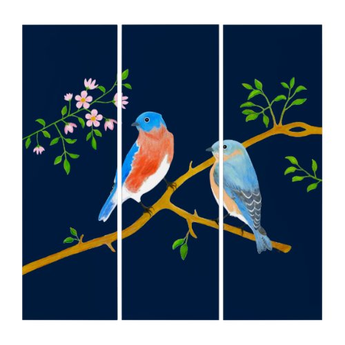 Bluebirds Pair Blue Triptych