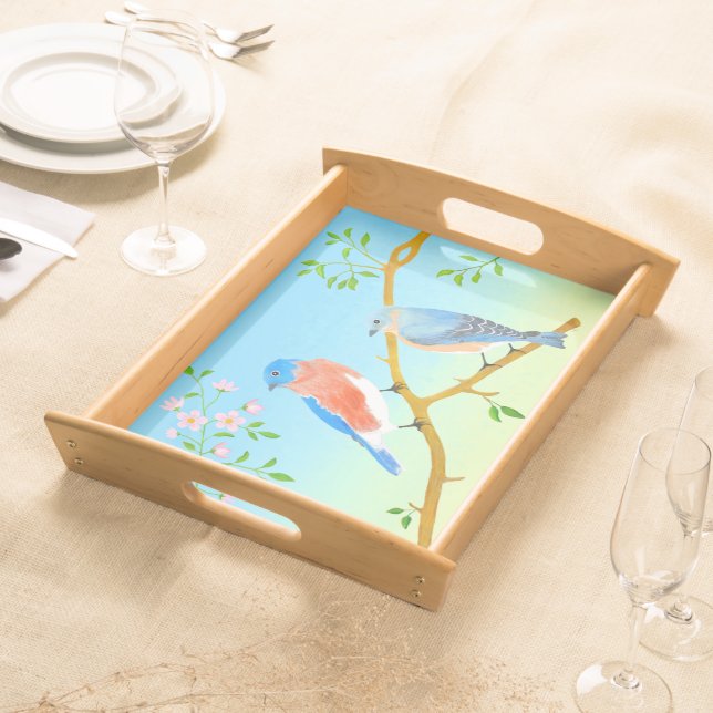 Bluebirds Pale Blue & Green Serving Tray (Front)