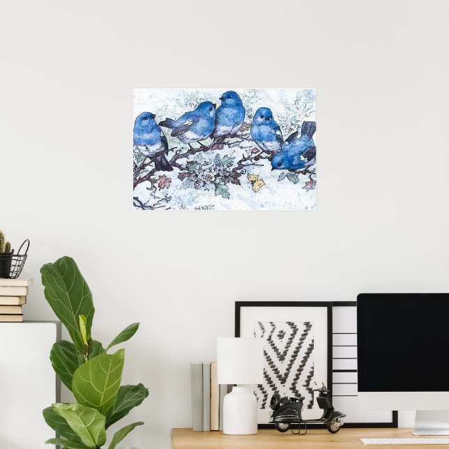 Bluebirds Perched On Cherry Blossom Poster (Home Office)