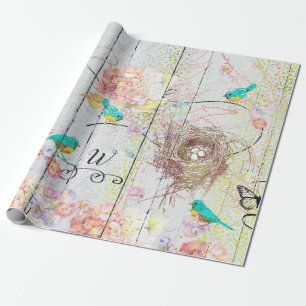 Bluebirds Pink Hydrangea Birds Nest Monogrammed Wrapping Paper