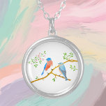 Bluebirds Round Necklace<br><div class="desc">Eastern bluebirds are only found in North America. While the female bird's colors are not as bright as the male's colors, both display fascinating blue and reddish-orange throat and breast with a white underside. The image and background can be customized. Text may be personalized or added. Original artwork by W.B....</div>