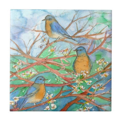 Bluebirds Spring Tree White Watercolor Flowers Ceramic Tile