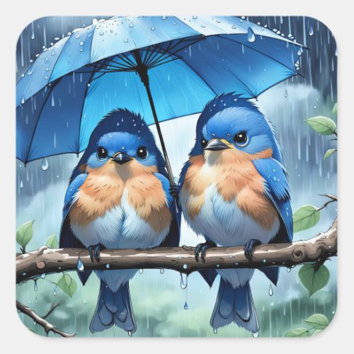Bluebirds Under an Umbrella Square Sticker