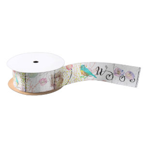 Bluebirds with Pink Hydrangea Floral Monogrammed Satin Ribbon