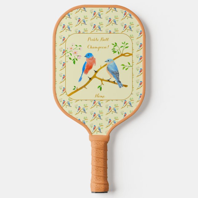 Bluebirds With Text Yellow Pickleball Paddle (Front)