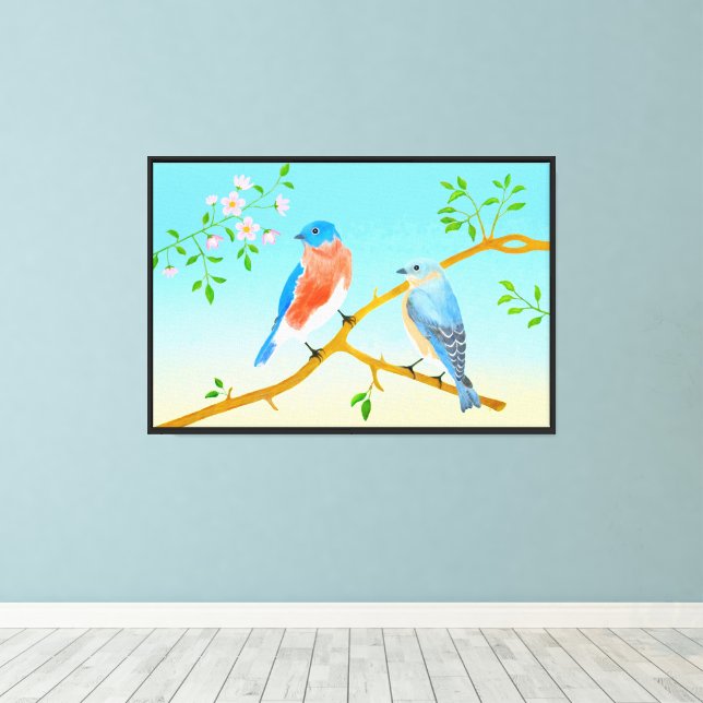 Bluebirds With Yellow & Blue Background & Frame Canvas Print (Insitu(Wood Floor))