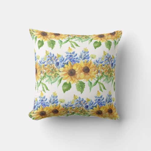 Bluebonnet and Sunflower Throw Pillow