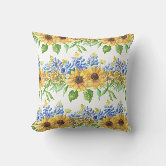 Bluebonnet and Sunflower Throw Pillow (Front)