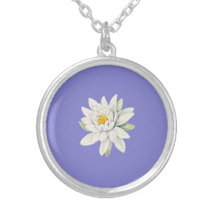 Bluebonnet Bluish-Purple Color with White Waterlil Silver Plated Necklace
