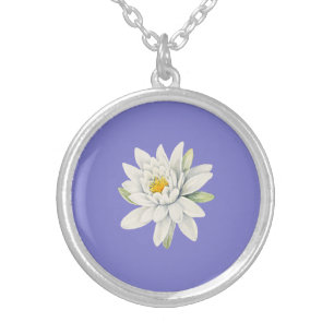 Bluebonnet bluish-purple with white waterlily silver plated necklace