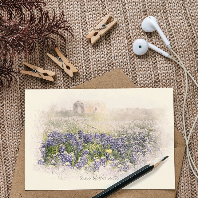 Bluebonnet Field Sketched Watercolor Note Card (Creator Uploaded)