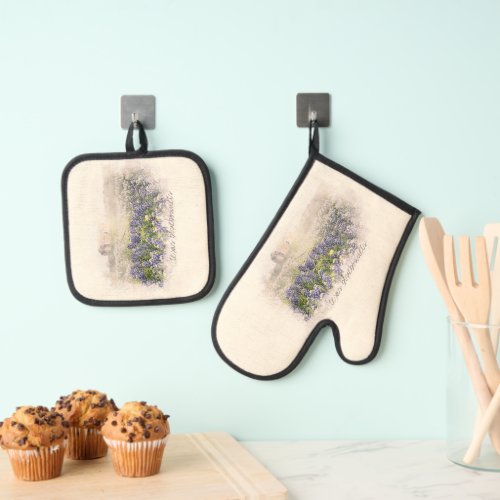 Bluebonnet Field Sketched Watercolor Oven Mitt  Pot Holder Set