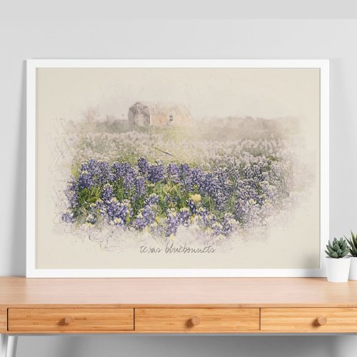 Bluebonnet Field Sketched Watercolor Poster