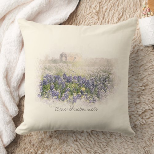 Bluebonnet Field Sketched Watercolor Throw Pillow