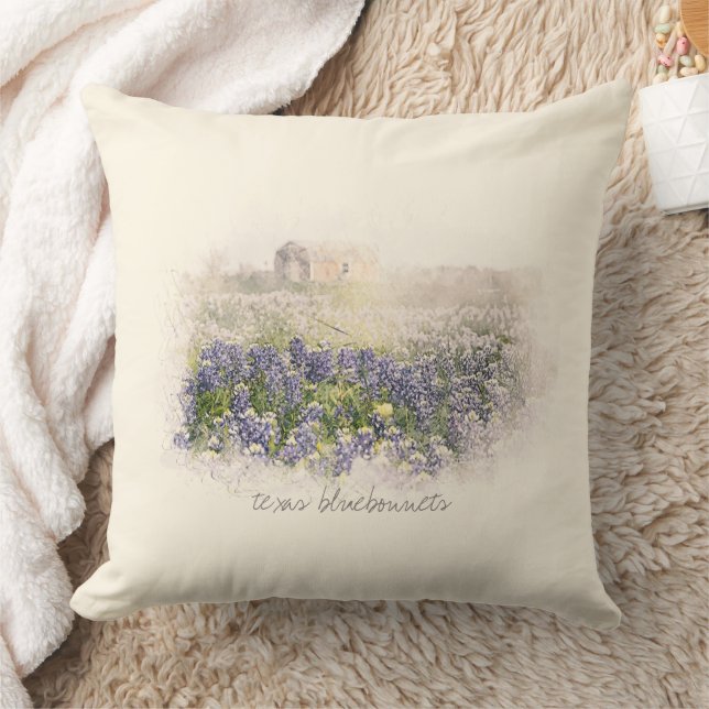 Bluebonnet Field Sketched Watercolor Throw Pillow (Blanket)