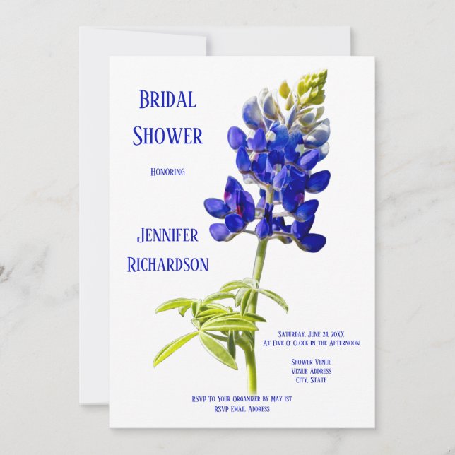 Bluebonnet Floral on White, Wedding Bridal Shower, Invitation (Front)