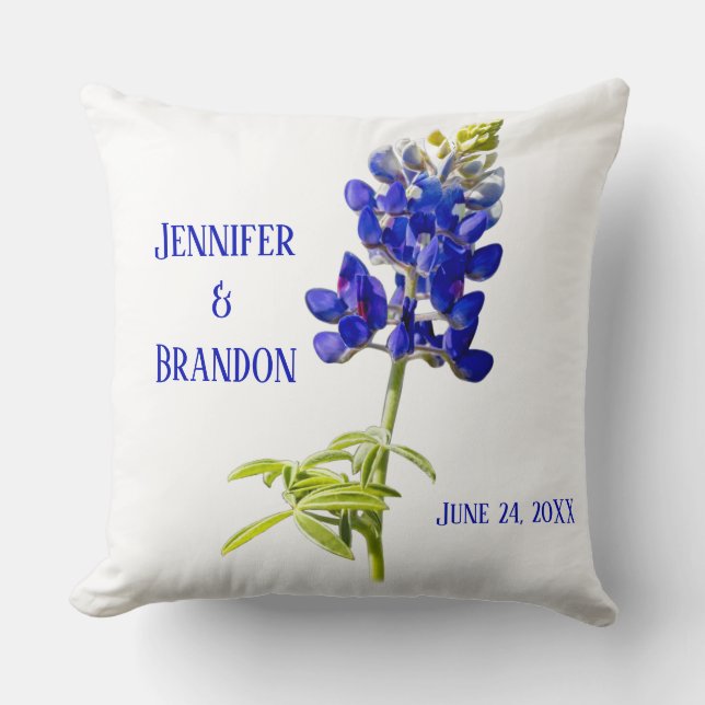 Bluebonnet Floral on White, Wedding Throw Pillow (Front)