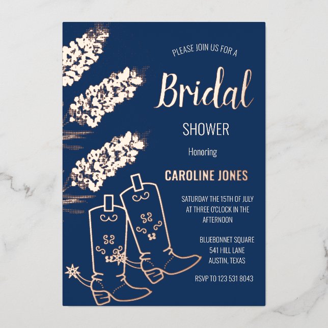 Bluebonnet Rose Gold Foil Floral Bridal Shower Invitation (Front)