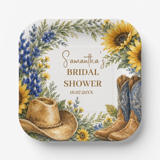 Bluebonnet Texas Sunflower Boho Bridal Shower Paper Plates (Front)