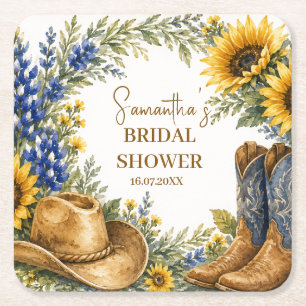 Bluebonnet Texas Sunflower Boho Bridal Shower Square Paper Coaster