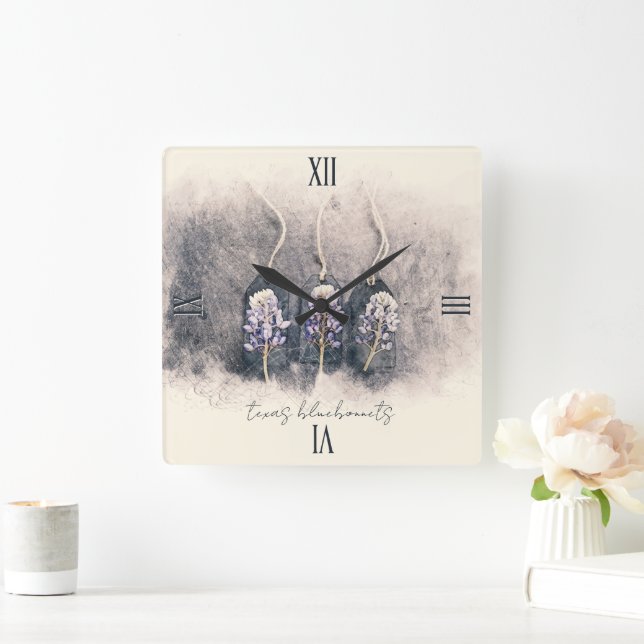 Bluebonnet Trio Sketched Watercolor Square Wall Clock (Home)