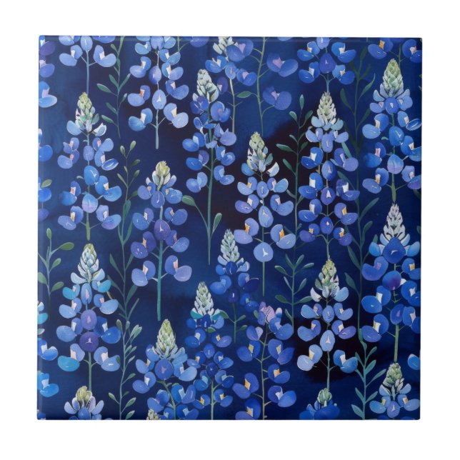 Bluebonnet Wildflower Pattern, Dark Blue Floral  Ceramic Tile (Front)