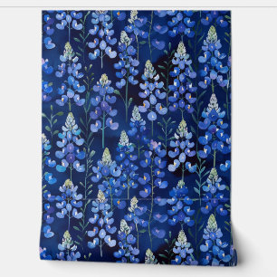 Bluebonnet Wildflower Pattern, Dark Blue Floral Wallpaper