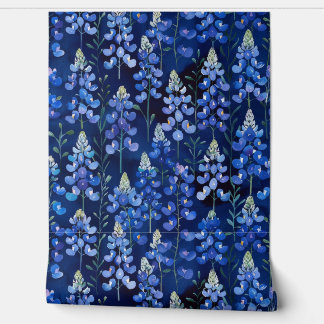 Bluebonnet Wildflower Pattern, Dark Blue Floral Wallpaper