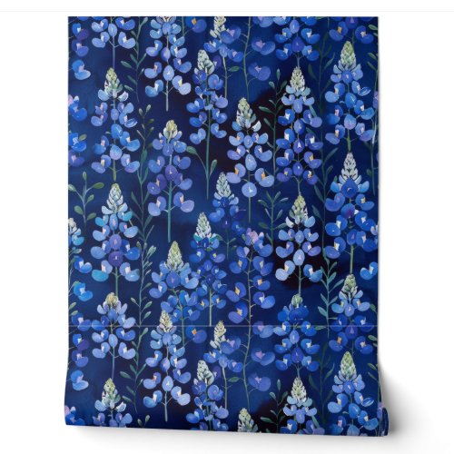 Bluebonnet Wildflower Pattern, Dark Blue Floral Wallpaper