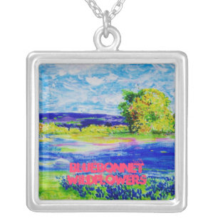 bluebonnet wildflowers art silver plated necklace