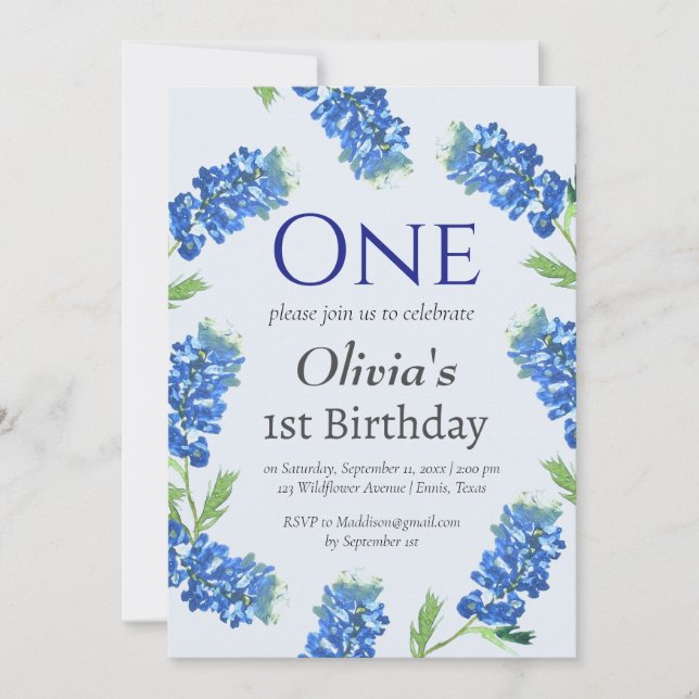 Bluebonnets 1st First Birthday Blue Floral  Invitation (Front)