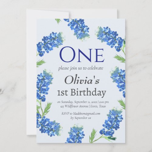 Bluebonnets 1st First Birthday Blue Floral  Invitation